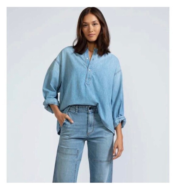 ASKK NY Tops - ASKK NY Denim Jackson Henley Top Long Sleeve Size 2 M Light Wash Cotton Linen